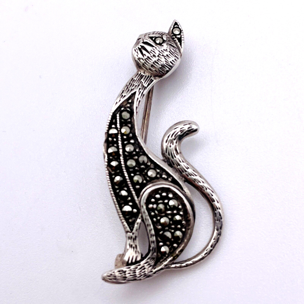 Vintage Sterling Silver Marcasite Cat Brooch Pin Long Neck Feline 925 3.47g